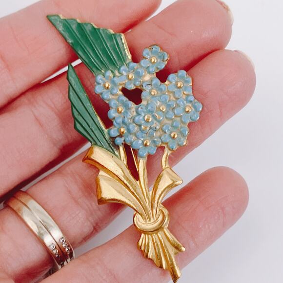 Vintage 10k Gold Plated Blue Flower Bouquet Enamel Forget Me Not Brooch Pin 40s? - Picture 2 of 7